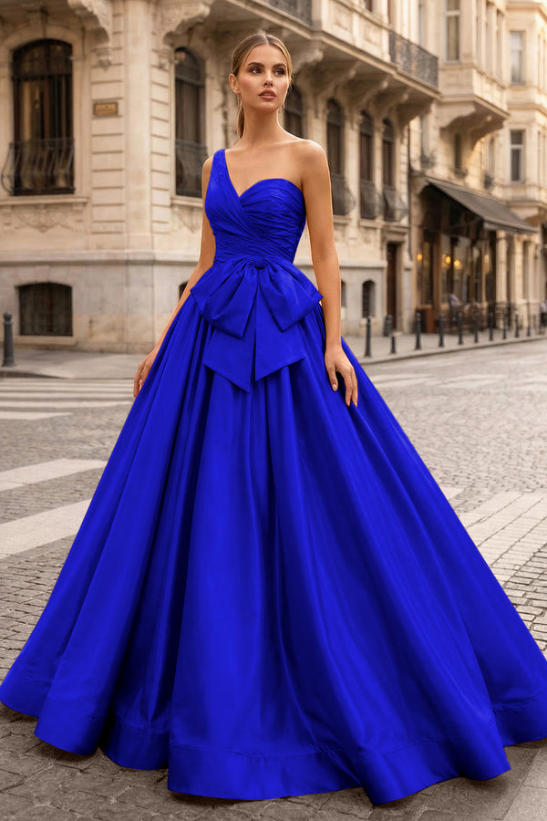 KissProm-Royal Blue One Shoulder Satin A Line Prom Dress With Bow