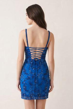 Blue Floral Lace Beaded Lace-Up Back Cocktail Dress - KissProm