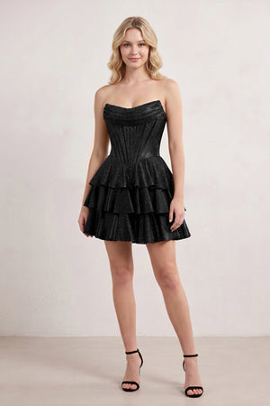 Black Glitter Beaded A-Line Ruffled Corset Satin Homecoming Dress | KISSPROM