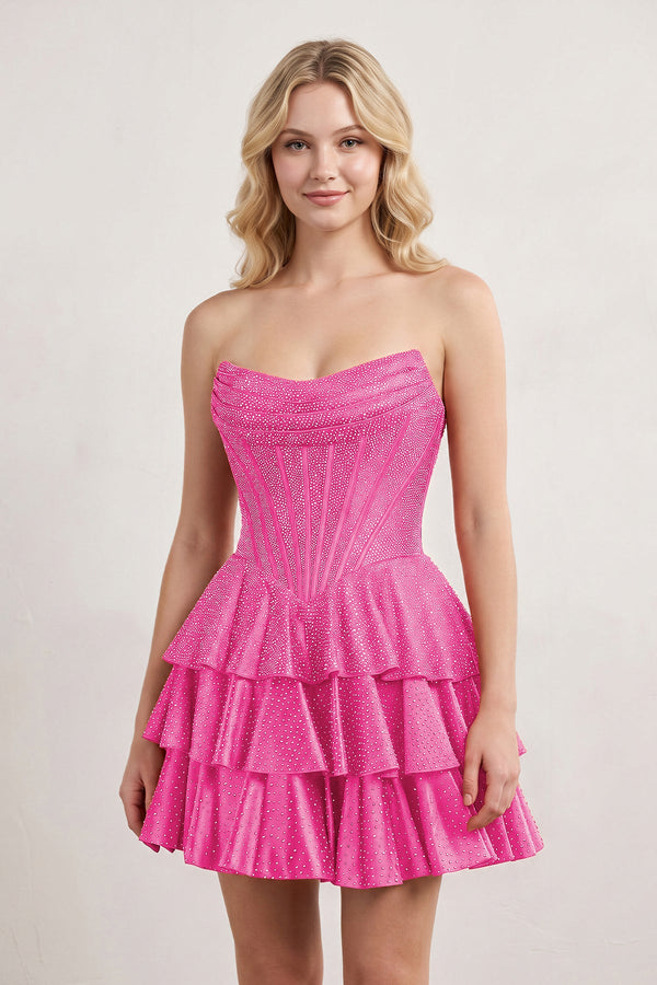 Hot Pink Glitter Beaded A-Line Ruffled Corset Satin Homecoming Dress | KISSPROM