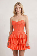 Orange Glitter Beaded A-Line Ruffled Corset Satin Homecoming Dress | KISSPROM