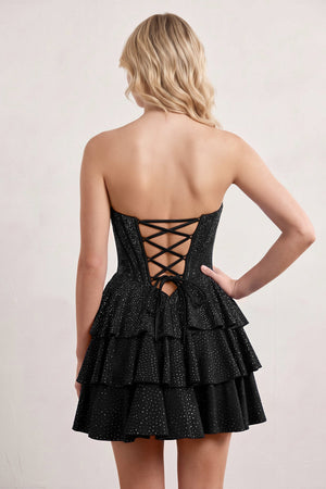 Black Glitter Beaded A-Line Ruffled Corset Satin Homecoming Dress | KISSPROM