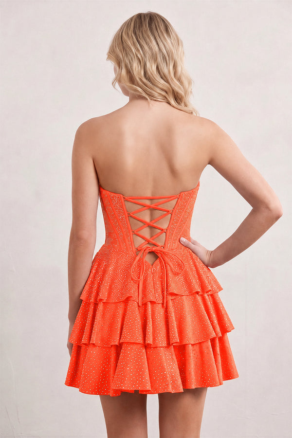 Orange Glitter Beaded A-Line Ruffled Corset Satin Homecoming Dress (2) | KISSPROM