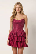 Burgundy Glitter Beaded A-Line Ruffled Corset Satin Homecoming Dress - KISSPROM