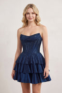 Navy Blue Glitter Beaded A-Line Ruffled Corset Satin Homecoming Dress | KISSPROM