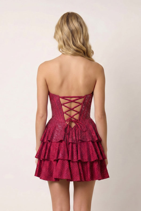 Burgundy Glitter Beaded A-Line Ruffled Corset Satin Homecoming Dress - KISSPROM