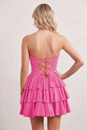 Hot Pink Glitter Beaded A-Line Ruffled Corset Satin Homecoming Dress (2) | KISSPROM