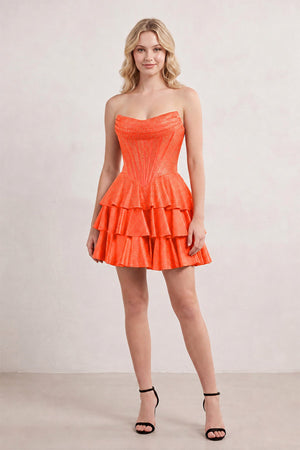 Orange Glitter Beaded A-Line Ruffled Corset Satin Homecoming Dress (3) | KISSPROM