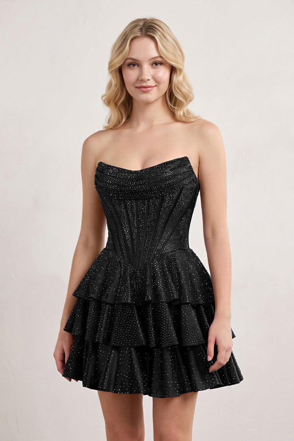 Black Glitter Beaded A-Line Ruffled Corset Satin Homecoming Dress | KISSPROM