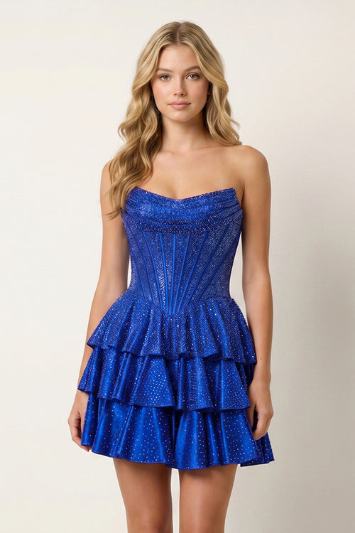 Royal Blue Glitter Beaded A-Line Ruffled Corset Satin Homecoming Dress - KissProm