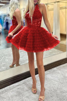 Royal Blue Halter Ruffle Tiered Short Homecoming Dresses Appliques