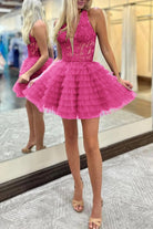 Royal Blue Halter Ruffle Tiered Short Homecoming Dresses Appliques