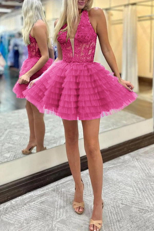 Royal Blue Halter Ruffle Tiered Short Homecoming Dresses Appliques