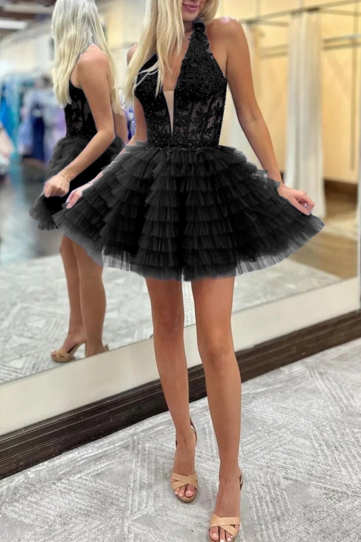 Royal Blue Halter Ruffle Tiered Short Homecoming Dresses Appliques, Black / 0 Royal Blue Halter Ruffle Tiered Short Homecoming Dresses Appliques, Black / 0