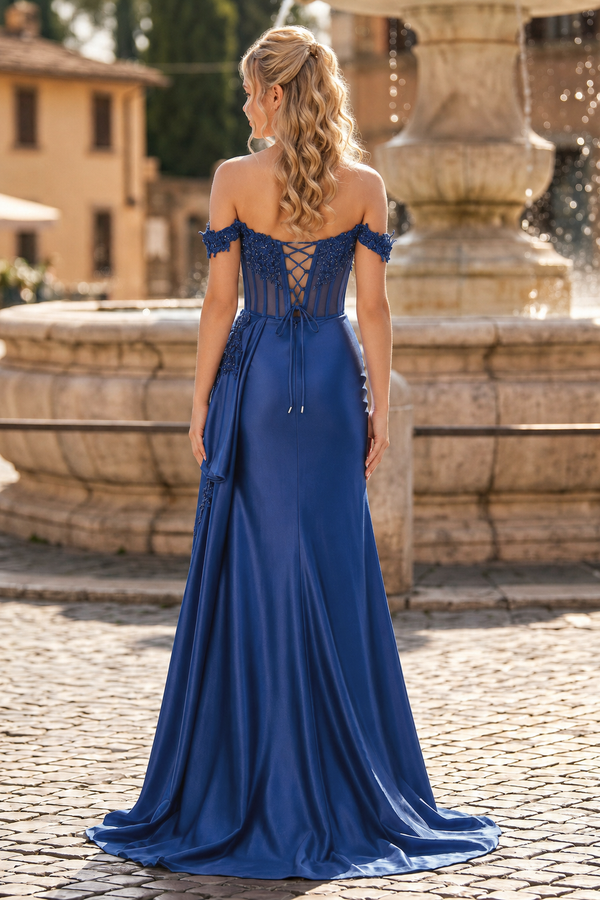 Off the Shoulder Satin Beaded Prom Dress With Appliques
