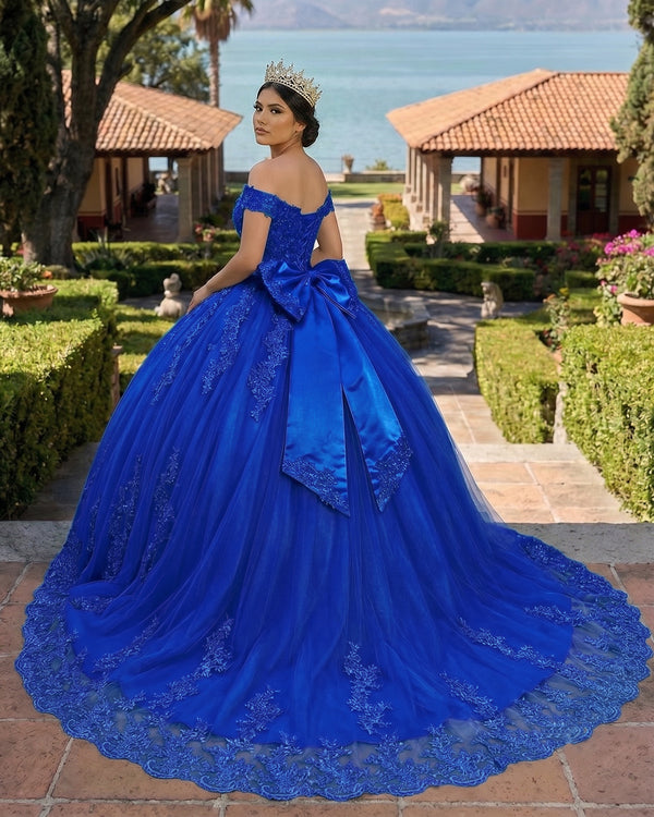 Royal Blue Lace Tulle Applique Off Shoulder Quinceanera Dresses (2) | KISSPROM