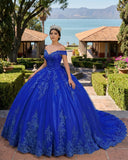 Royal Blue Lace Tulle Applique Off Shoulder Quinceanera Dresses | KISSPROM
