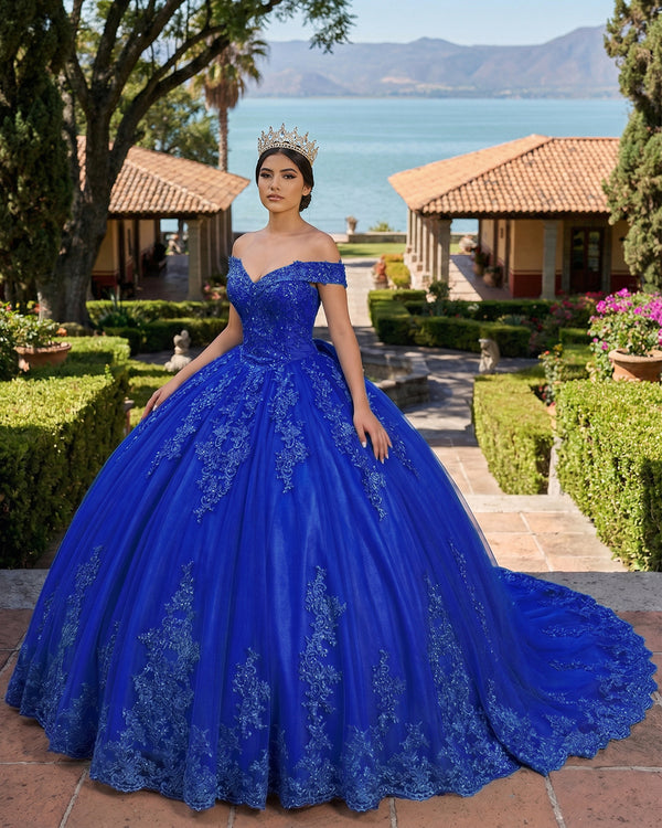 Royal Blue Lace Tulle Applique Off Shoulder Quinceanera Dresses | KISSPROM