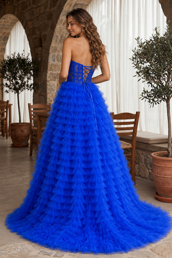A-line Strapless Multi-Layers Tulle Prom Dress with Slit - KissProm