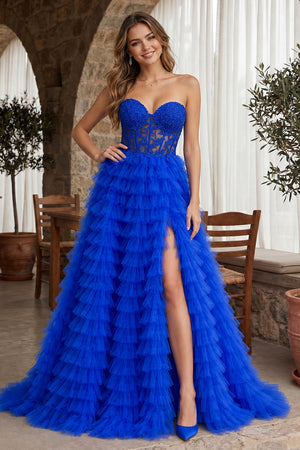 A-line Strapless Multi-Layers Tulle Prom Dress with Slit - KissProm
