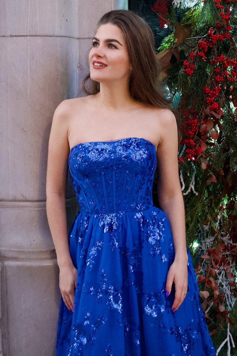 Zara A line Royal Blue Sequined Lace Long Prom Dress with Pockets