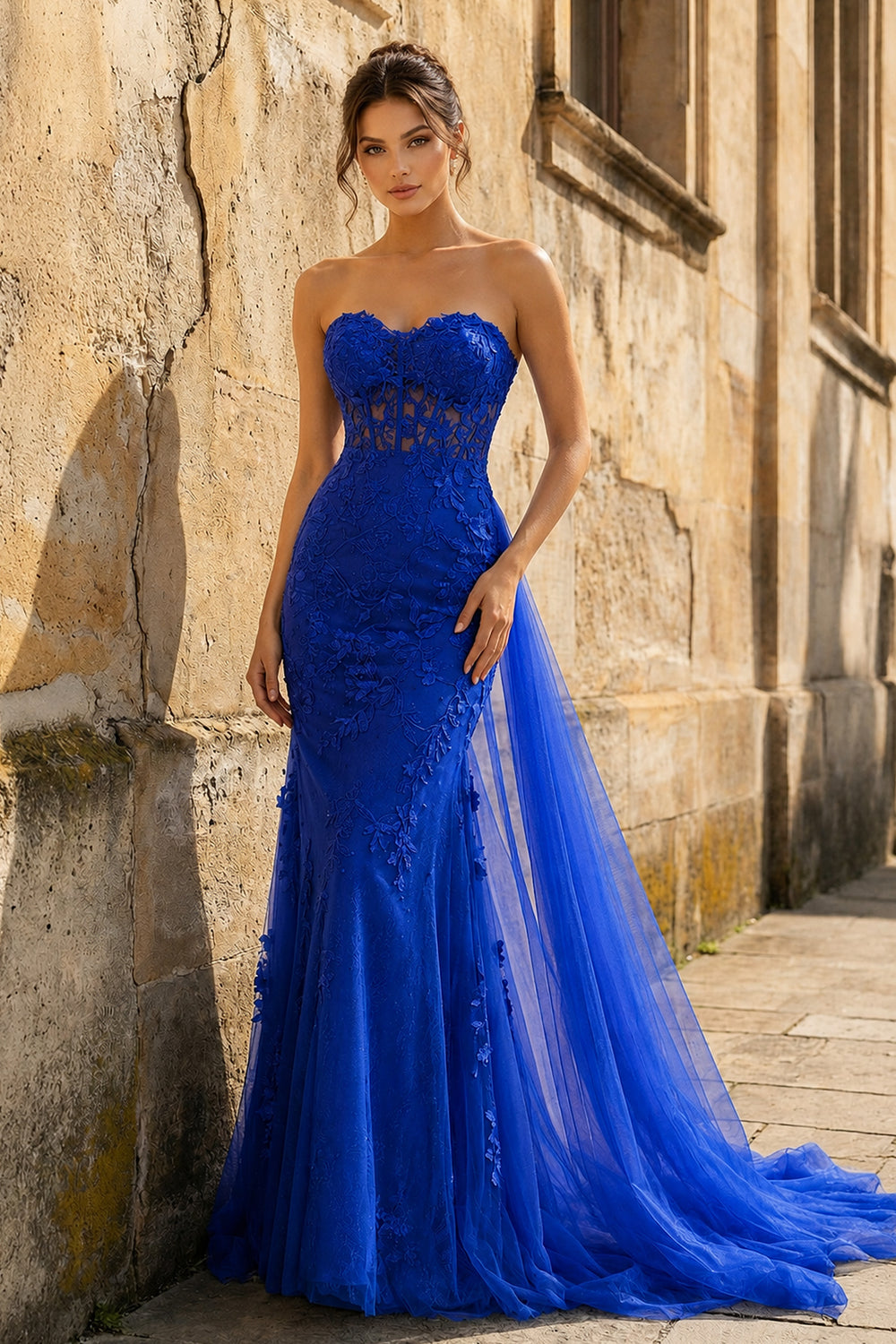 Royal Blue Mermaid Sweetheart Neck Lace Long Prom Dress With Appliques - KissProm