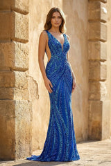 Royal Blue Mermaid V Neck Sequined Long Prom Dresses - KissProm