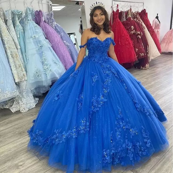 blue dress for baby girl Princess Dresses Ball Gown Off Shoulder Vestido De Quinceanera Tiered –  formalgowns main image 1