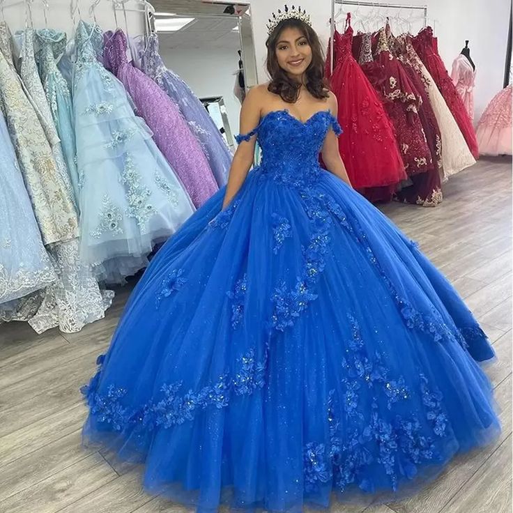 Royal Blue Off-Shoulder Ball Gown With Flowers Tulle Quinceanera Dress