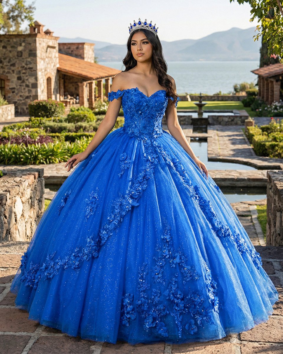 royal blue dresses for sweet 16 KissProm Off-Shoulder Ball Gown With Flowers Tulle Quinceanera Dress, Royal Blue / 6 airy tulle Size:15.5(34/35) Black Cut Out Rib 10MDW25