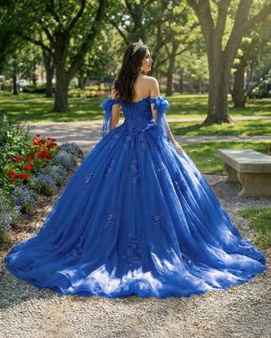 Royal Blue Off Shoulder Tulle Quinceanera Dresses With Lace Appliques (2) | KISSPROM