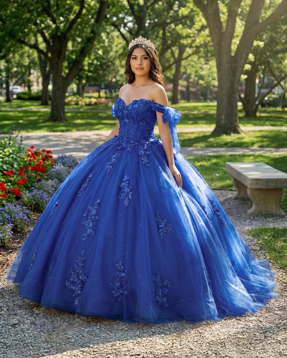 Royal Blue Off Shoulder Tulle Quinceanera Dresses With Lace Appliques | KISSPROM