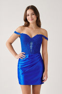 Royal Blue Off The Shoulder Bodycon Satin Pleated Homecoming Dresses With Appliques | KISSPROM