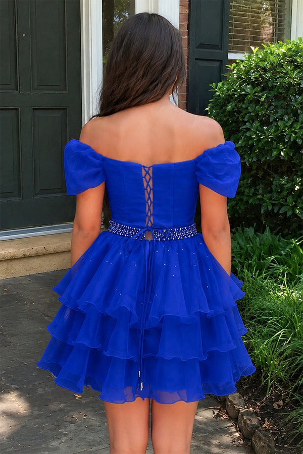 Royal Blue Off-the-Shoulder Ruffle Short Homecoming Dress | KISSPROM