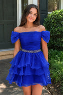 Royal Blue Off-the-Shoulder Ruffle Short Homecoming Dress | KISSPROM