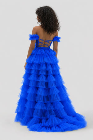Royal Blue Off the Shoulder Ruffle Tiered Tulle Long Prom Dresses with Slit - Kissprom