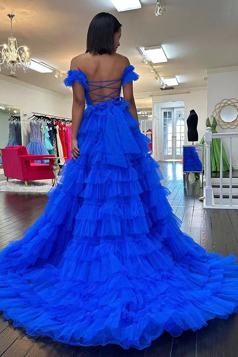 KissProm-Adalynn Royal Blue Off the Shoulder Ruffle Tiered Tulle Long Prom Dresses with Slit
