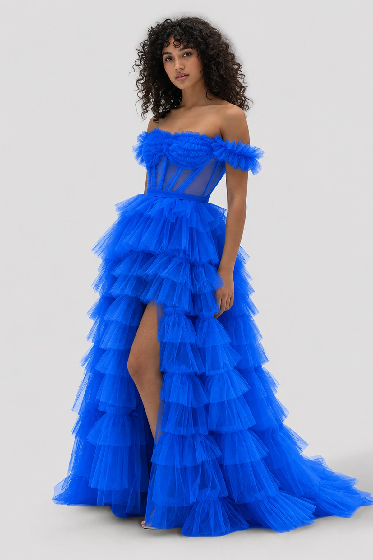 KissProm Royal Blue Off the Shoulder Ruffle Tiered Tulle Long Prom Dresses with Slit, Blue / 14