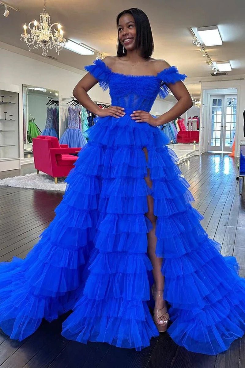 KissProm-Adalynn Royal Blue Off the Shoulder Ruffle Tiered Tulle Long Prom Dresses with Slit