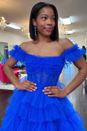 KissProm-Adalynn Royal Blue Off the Shoulder Ruffle Tiered Tulle Long Prom Dresses with Slit