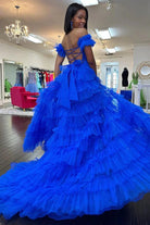 KissProm-Adalynn Royal Blue Off the Shoulder Ruffle Tiered Tulle Long Prom Dresses with Slit