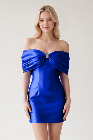 Royal Blue Off The Shoulder Satin Bodycon Short Homecoming Dress With Beading | KISSPROM