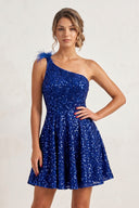 Royal Blue One Shoulder A Line Sequins Homecoming Dresses With Feathers | KISSPROM