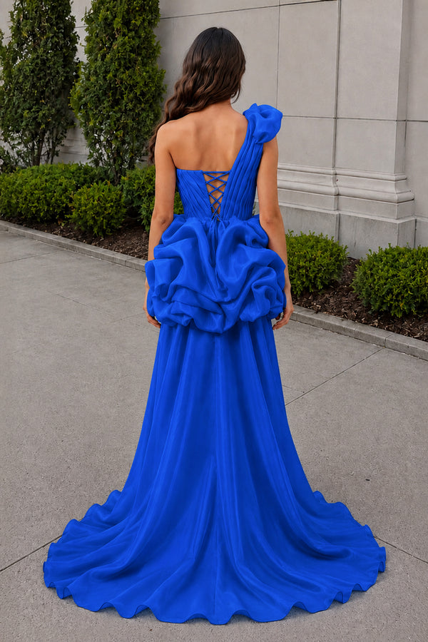 Royal Blue One Shoulder Organza High Low Homecoming Dress With Ruffles (2) | KISSPROM