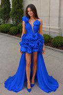 Royal Blue One Shoulder Organza High Low Homecoming Dress With Ruffles | KISSPROM
