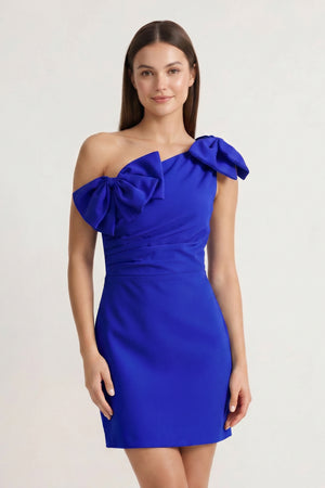 Royal Blue One Shoulder Sheath Homecoming Dress with Bows | KISSPROM