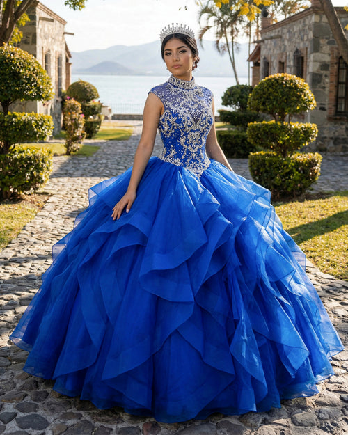 KissProm- Royal Blue Organza High Neck Quinceanera Dresses Burgundy Prom Dresses