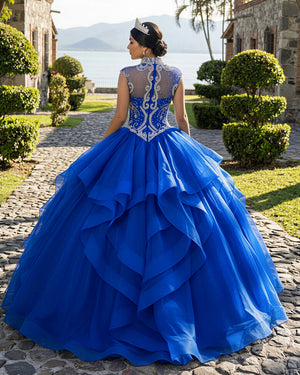 KissProm- Royal Blue Organza High Neck Quinceanera Dresses Burgundy Prom Dresses