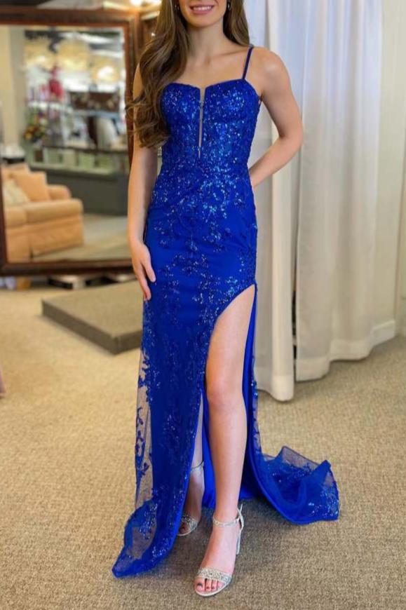 Royal Blue Plunging Neck Sweep Train Lace Prom Dress, Royal Blue / 10