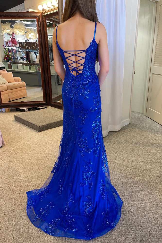 Royal Blue Plunging Neck Sweep Train Lace Prom Dress, Royal Blue / 10
